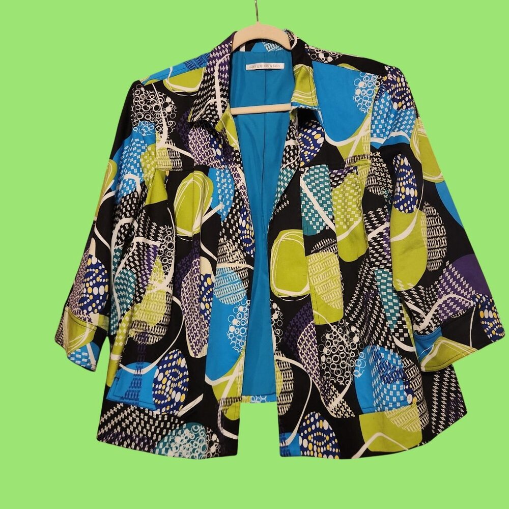 Colorful Peter Nygard Womens Open Blazer With Abstract Print & 3/4 Sleeves
